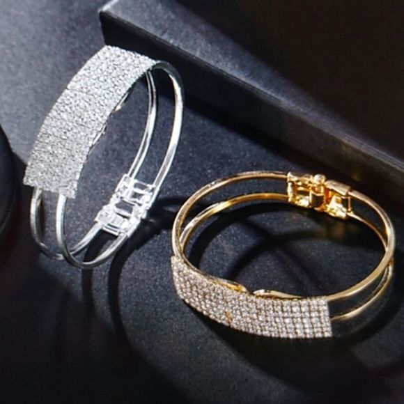 2x $12 Fashion ladies Silver Plated Color with Rhinestone Bracelet Bangles. - Picture 1 of 5